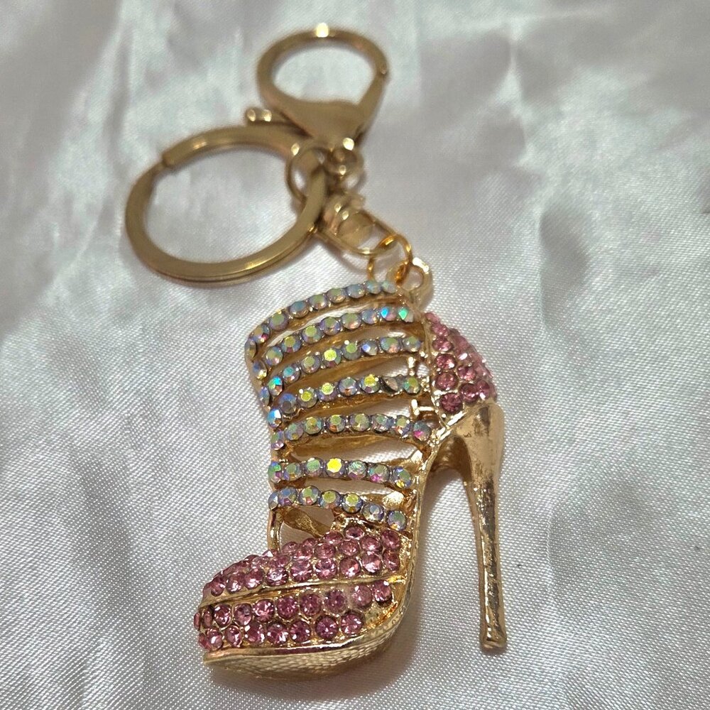 Gold Key Ring Pink Crystal Gladiator High Heel Women's Shoe Purse Clip
